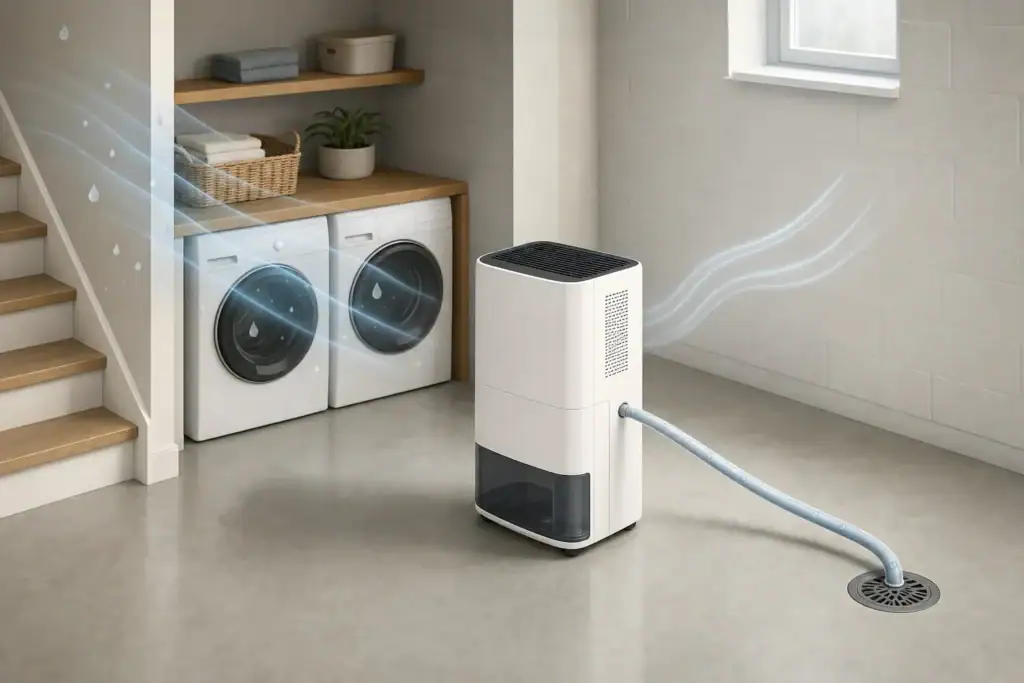 Basement dehumidifier hose running toward a floor drain