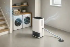 Basement dehumidifier hose running toward a floor drain