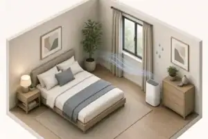 Dehumidifier operating quietly in a tidy bedroom