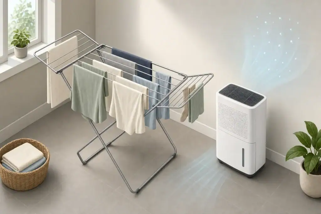Dehumidifier beside laundry drying indoors on a rack