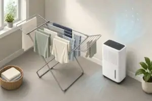 Dehumidifier beside laundry drying indoors on a rack