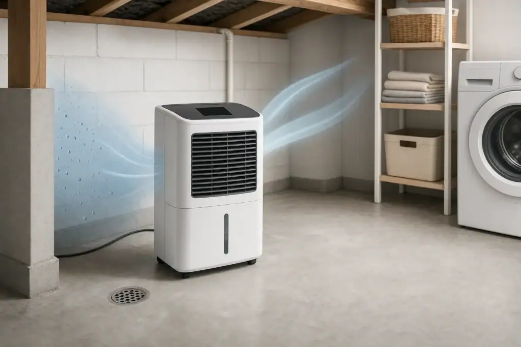 Dehumidifier with drainage in a clean utility space