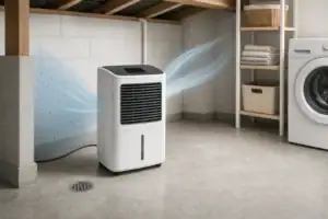 Dehumidifier with drainage in a clean utility space
