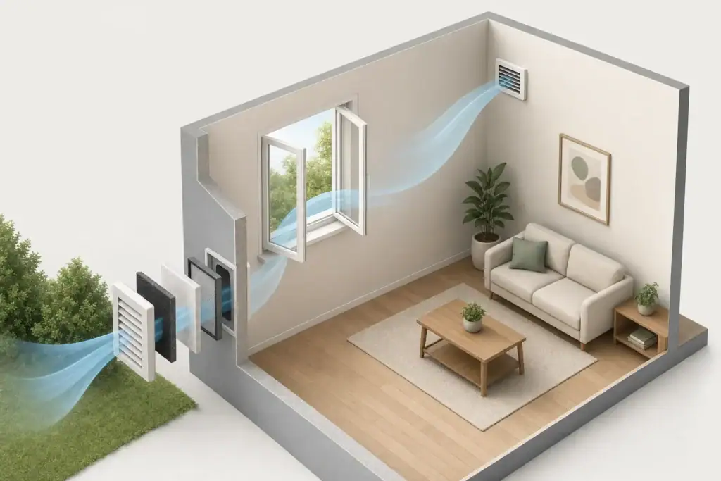 Fresh air intake filter in a home ventilation scene