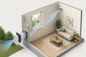 Fresh air intake filter in a home ventilation scene