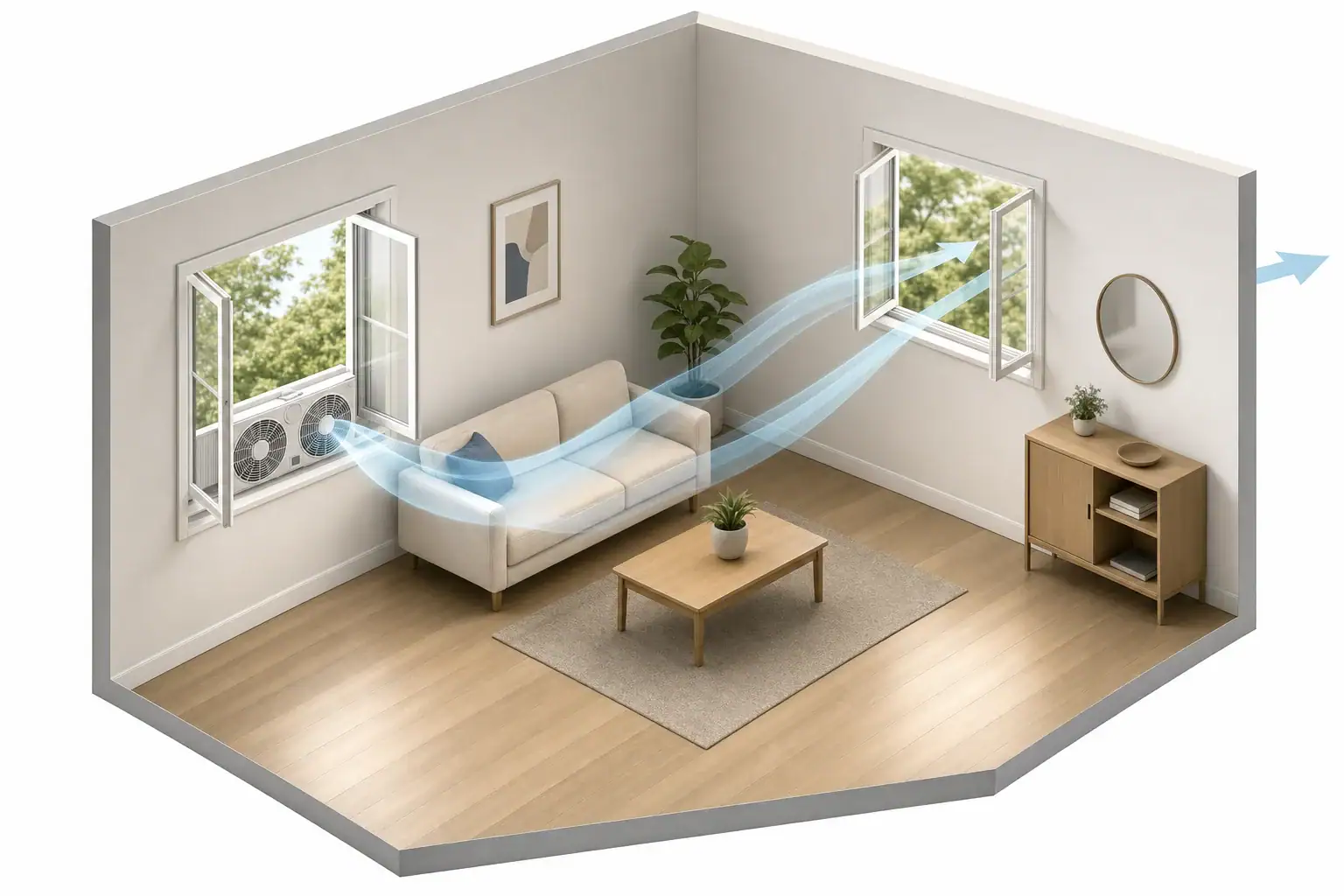 Window fan moving air through a minimal room