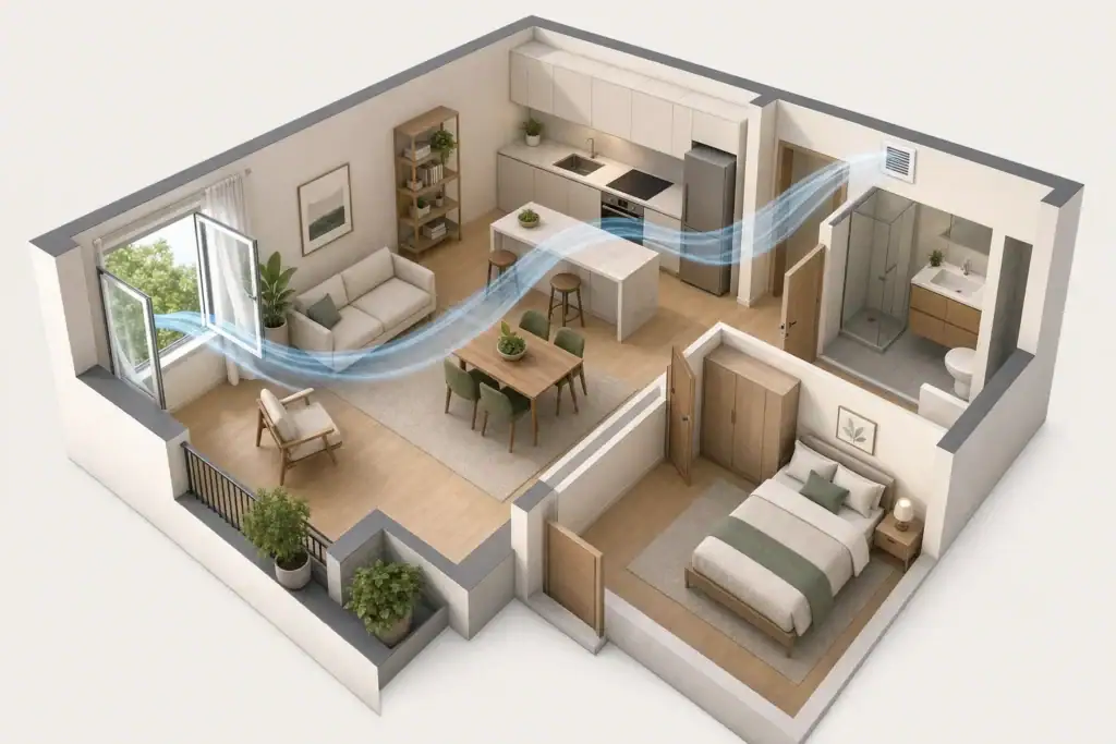 Open apartment window with gentle indoor airflow