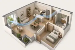 Open apartment window with gentle indoor airflow