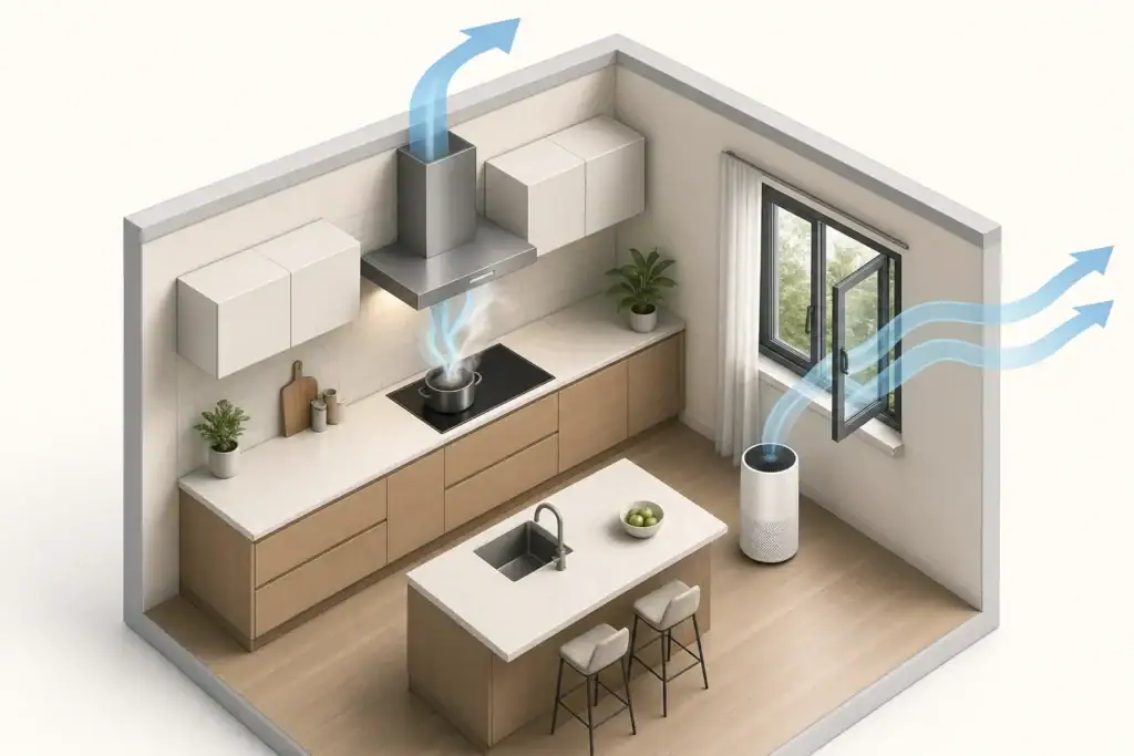 Kitchen ventilation with range hood window and air purifier