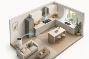 Kitchen ventilation and purifier reducing airborne cooking particles