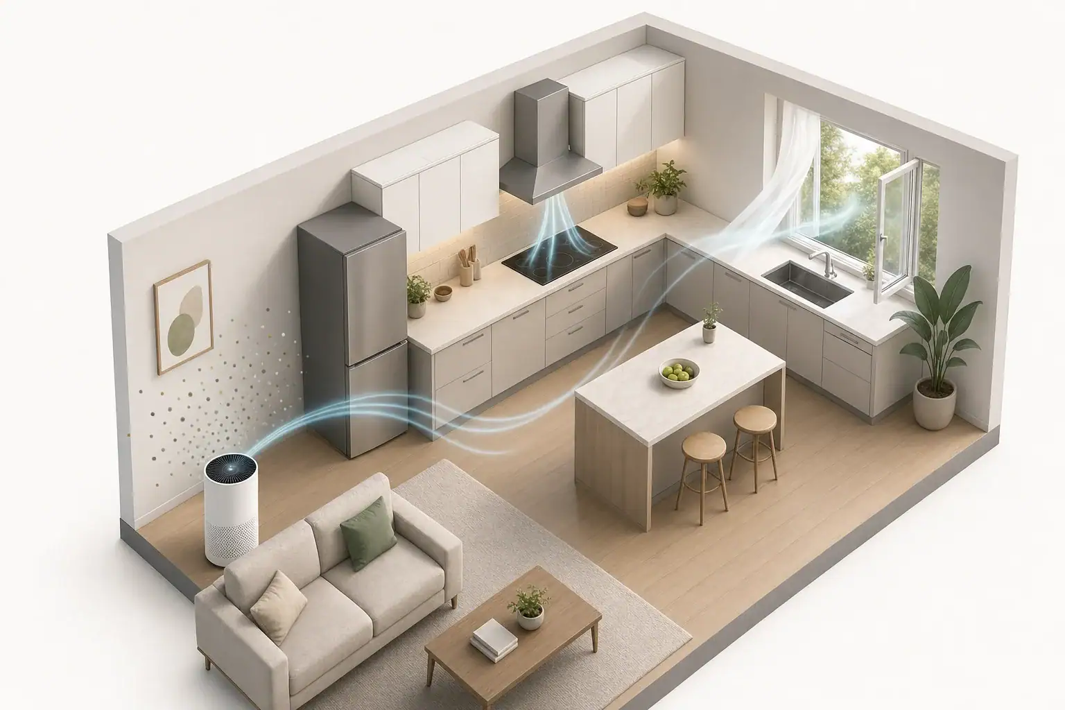 Kitchen ventilation and purifier reducing airborne cooking particles