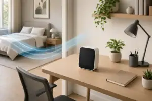 CO2 monitor on a desk near a bedroom