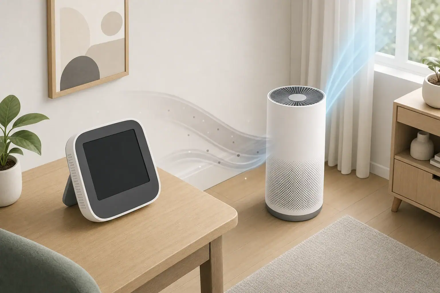 PM2.5 monitor beside purifier in a neutral room
