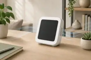 Indoor air quality monitor with blank screen on desk