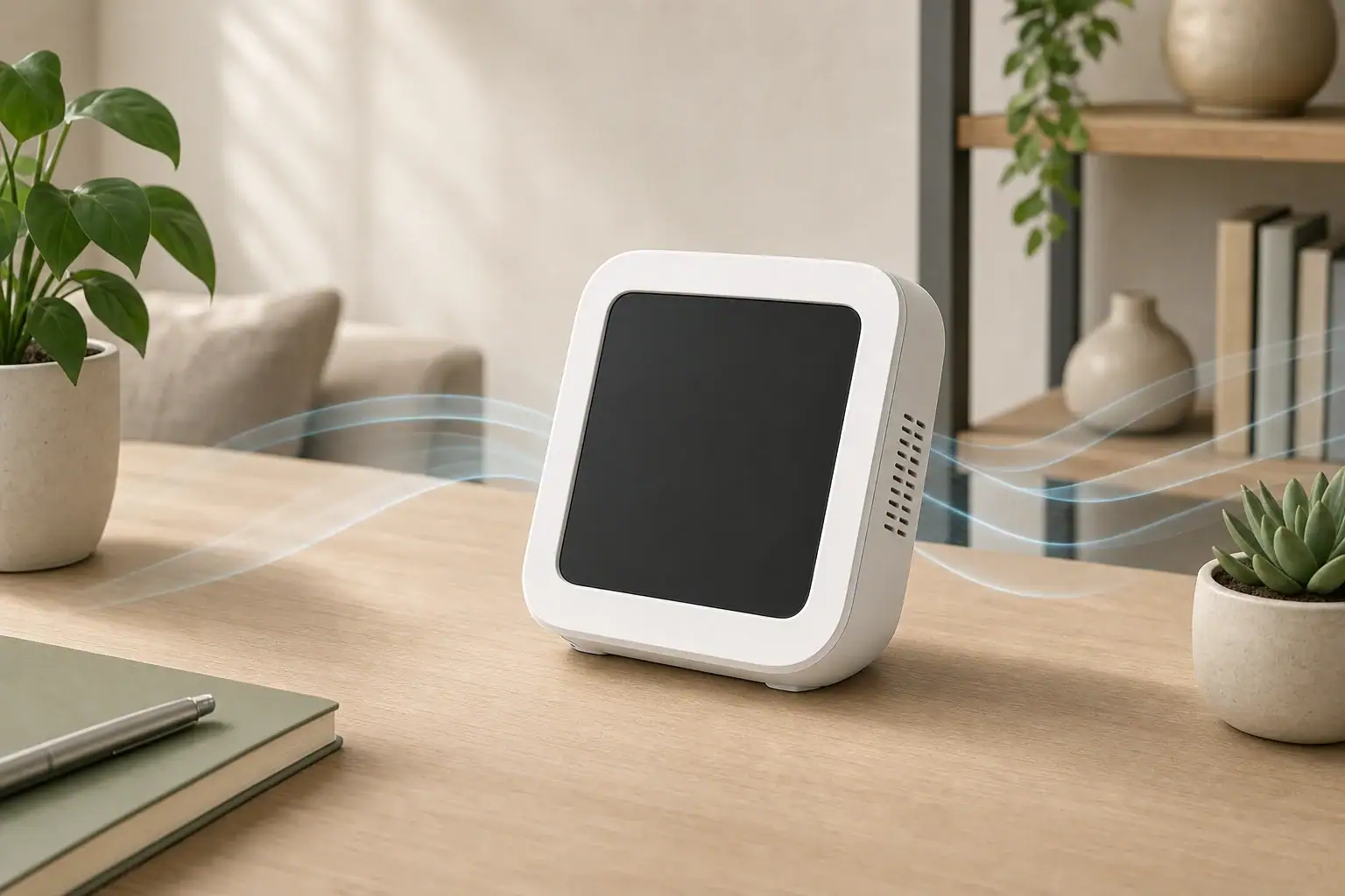 Indoor air quality monitor with blank screen on desk