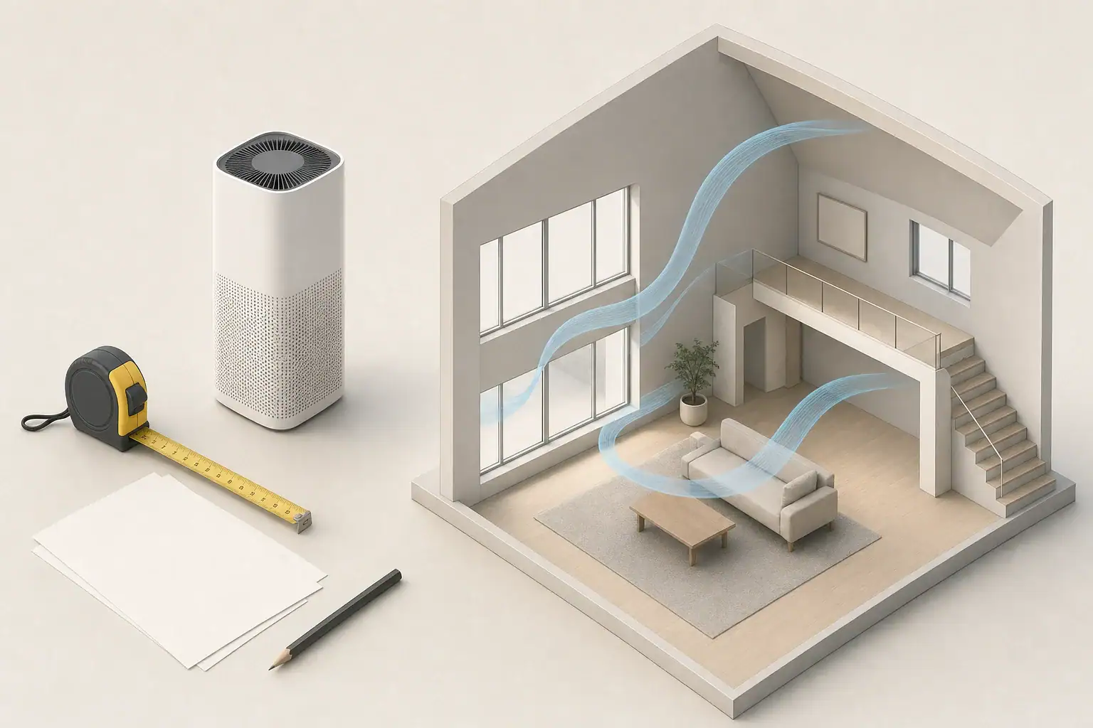 Purifier sizing tools beside a high ceiling room model