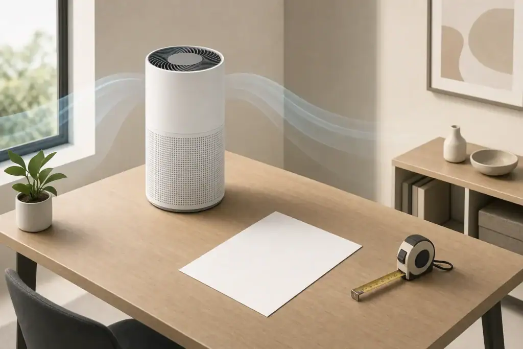 Air purifier beside tape measure in quiet room