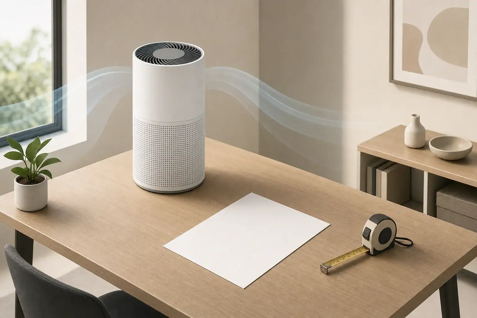 Air purifier beside tape measure in quiet room