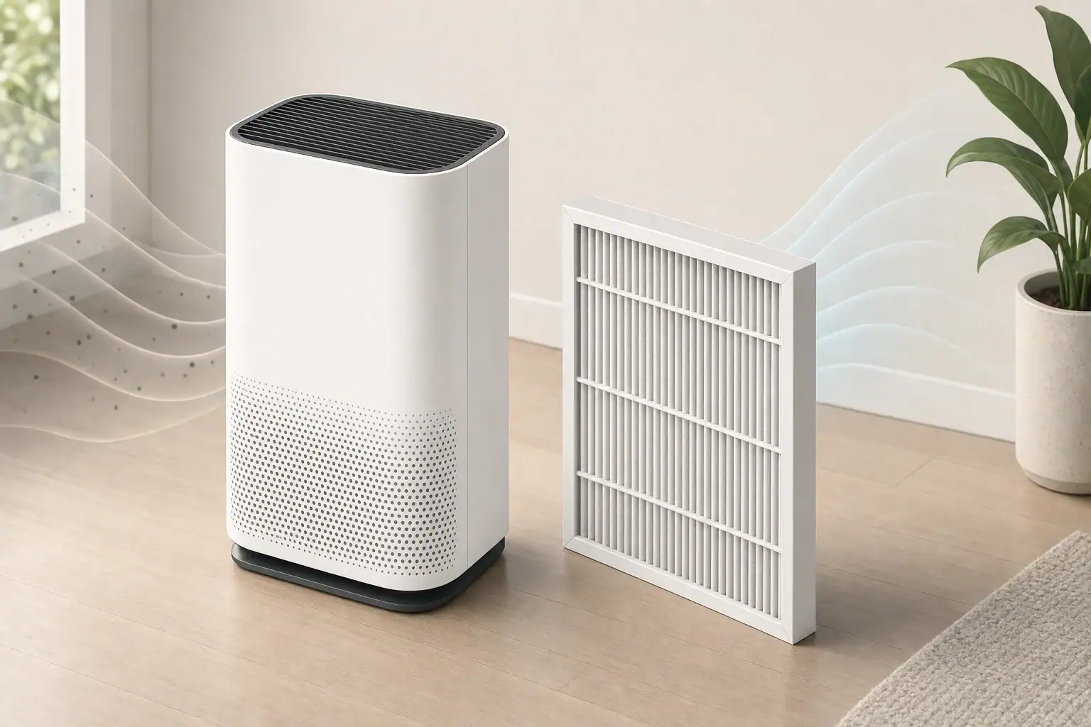 Portable air purifier beside a pleated HVAC filter