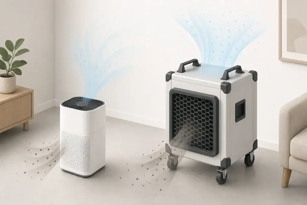 Residential air purifier beside a portable air scrubber