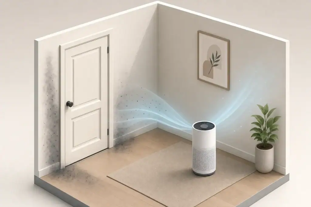 Doorway smoke particles fading beside a portable air purifier