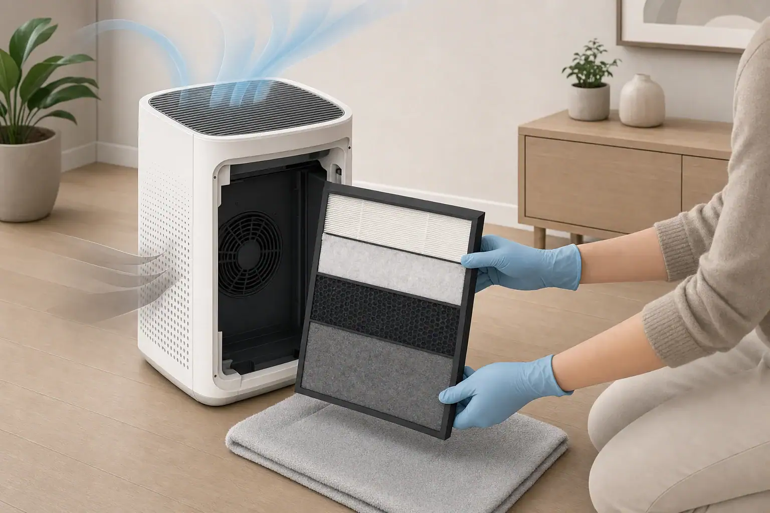 Air purifier filter inspection after indoor water damage