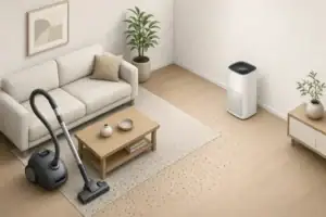 Vacuum and purifier with airborne particle dots