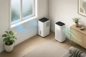 Dehumidifier and purifier beside a lightly condensed window