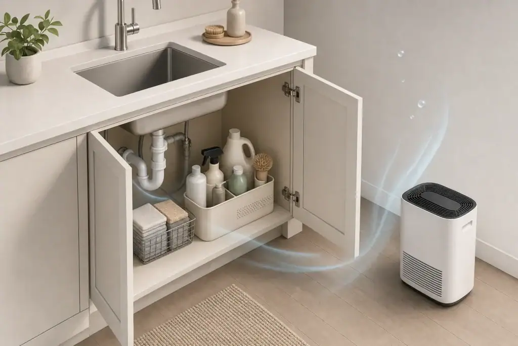 Open under-sink cabinet with subtle humidity control
