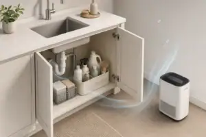 Open under-sink cabinet with subtle humidity control