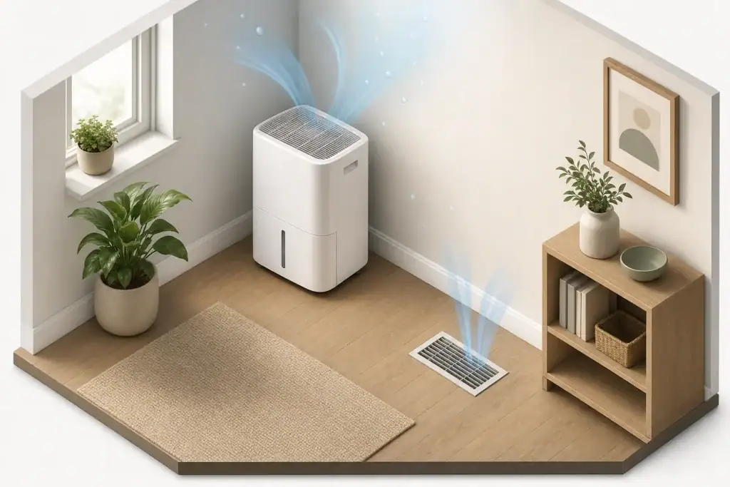 Dehumidifier beside HVAC vent in a tidy room