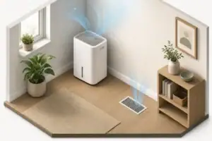 Dehumidifier beside HVAC vent in a tidy room