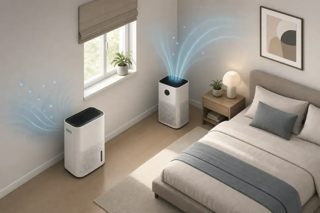 Dehumidifier controlling moisture in a tidy bedroom