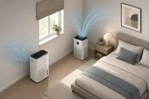 Dehumidifier controlling moisture in a tidy bedroom