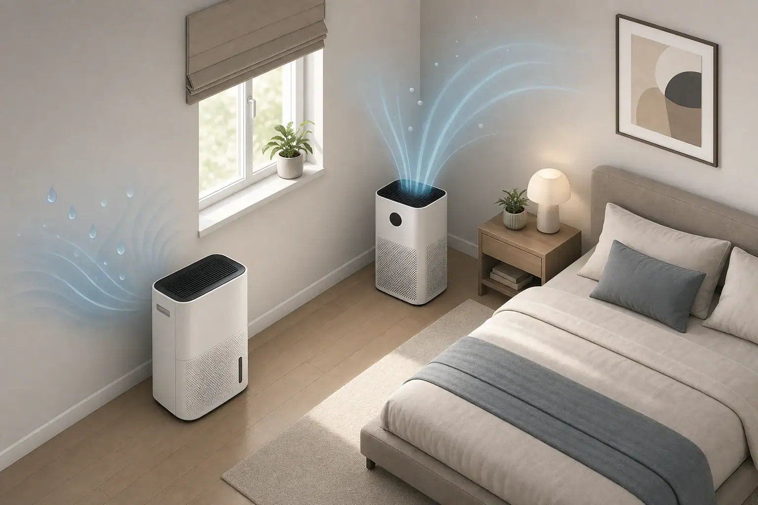 Dehumidifier controlling moisture in a tidy bedroom