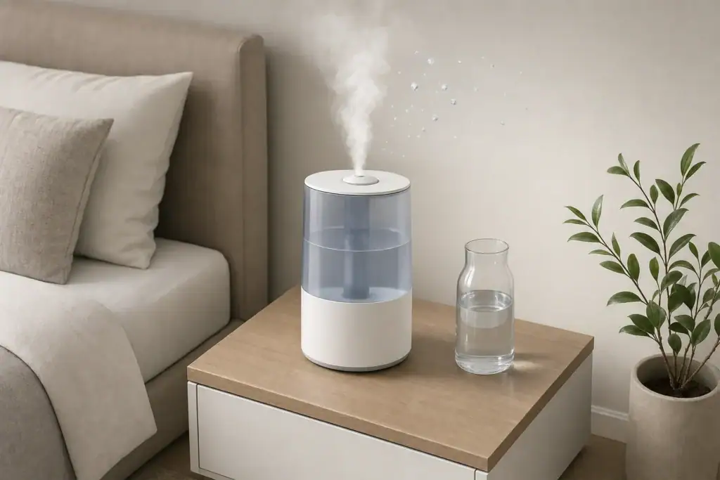 Humidifier producing gentle mist in a neutral bedroom