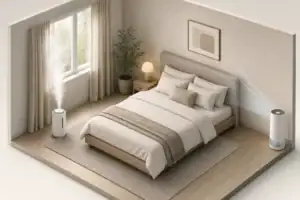 Evaporative and ultrasonic humidifiers in a neutral bedroom