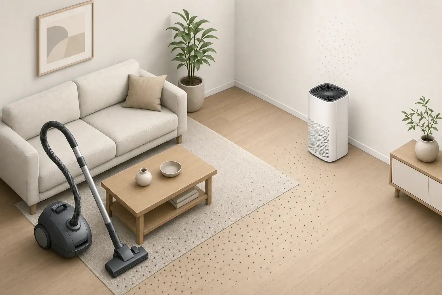Vacuum and purifier with airborne particle dots