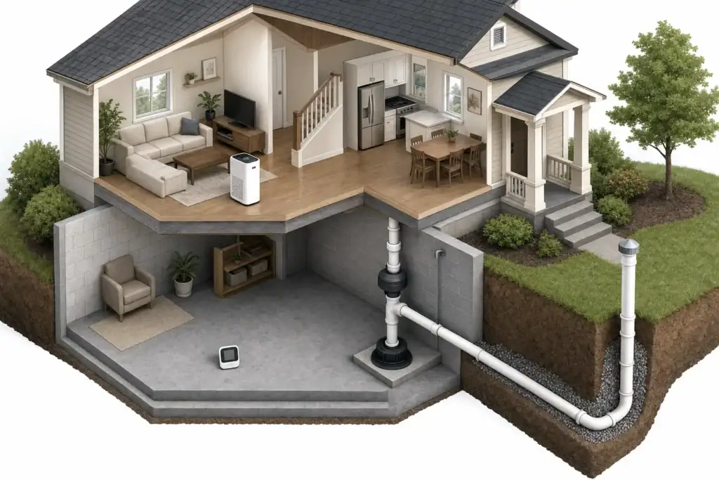 House with an air purifier, radon test device, and mitigation pipe