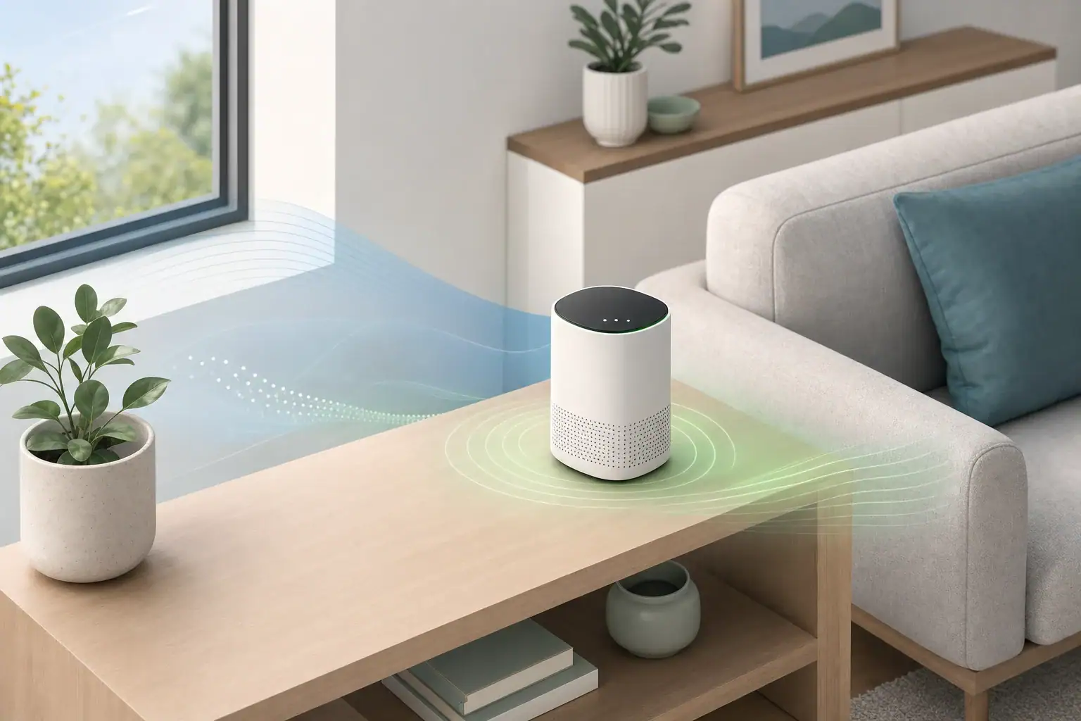 Indoor air quality monitor stabilizing in a living room