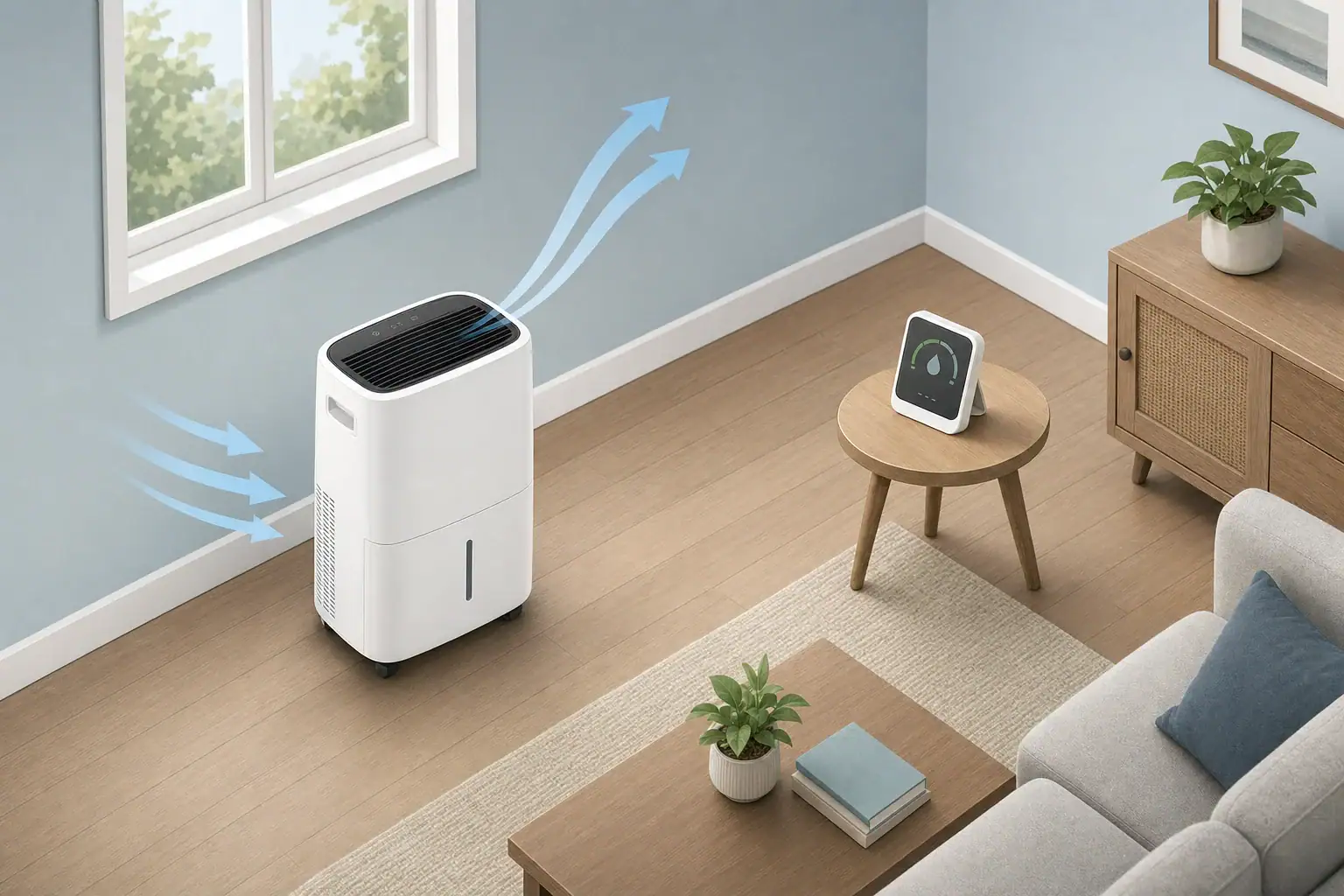 Dehumidifier and hygrometer positioned separately in a room