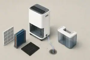Dehumidifier with its tank, drain hose, filter, and coils being checked
