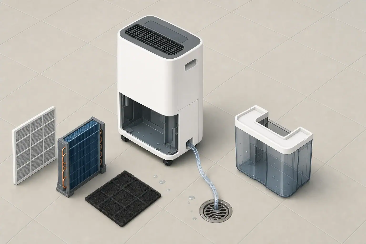 Dehumidifier with its tank, drain hose, filter, and coils being checked