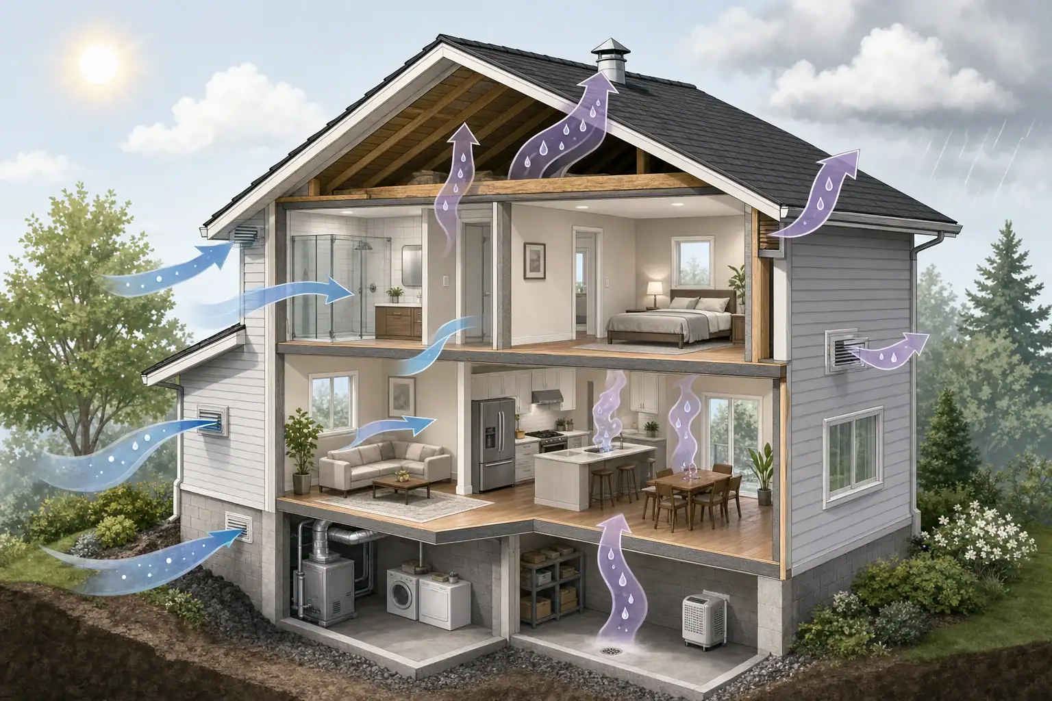 House cross-section showing drier outdoor air replacing moist indoor air