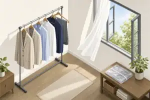 Dry-cleaned garments airing beside an open window