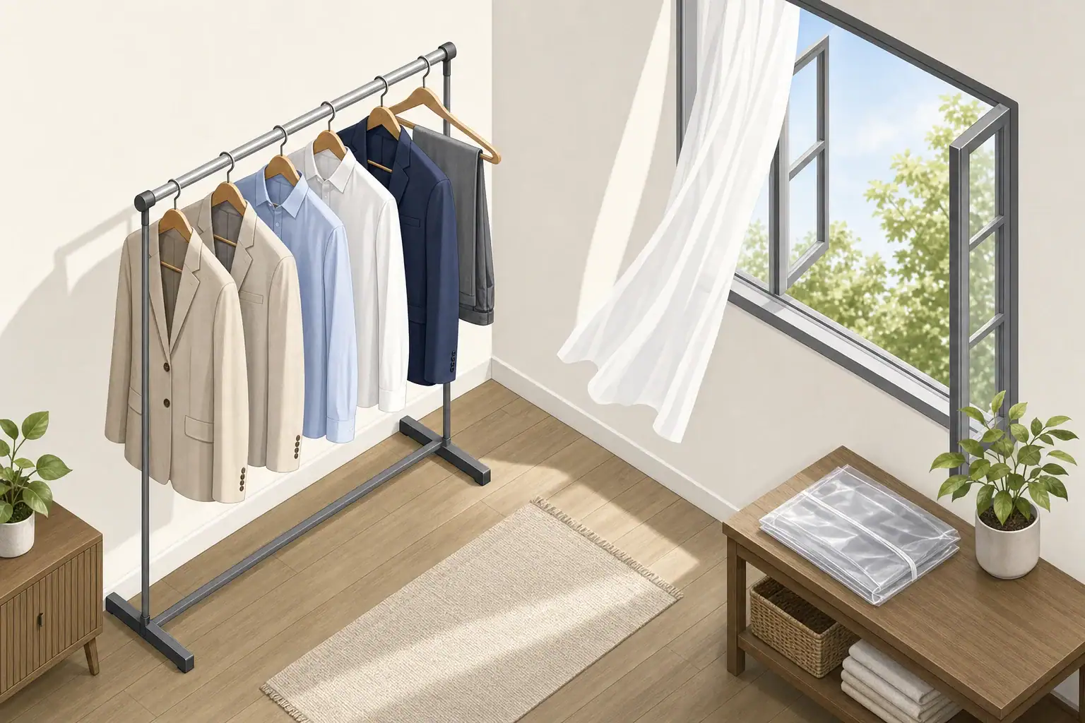 Dry-cleaned garments airing beside an open window