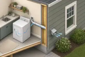 Dryer duct terminating outdoors away from a window