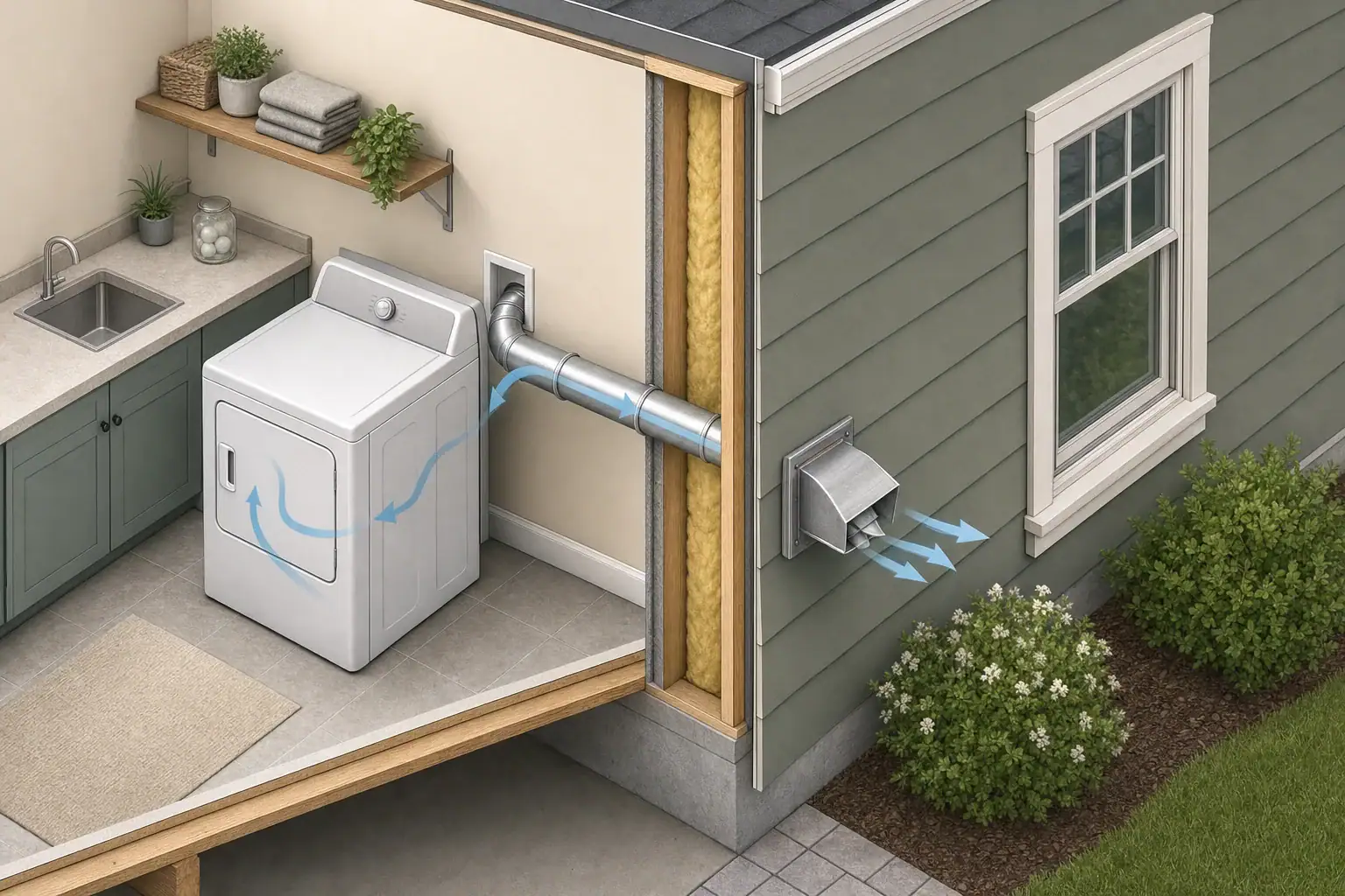Dryer duct terminating outdoors away from a window