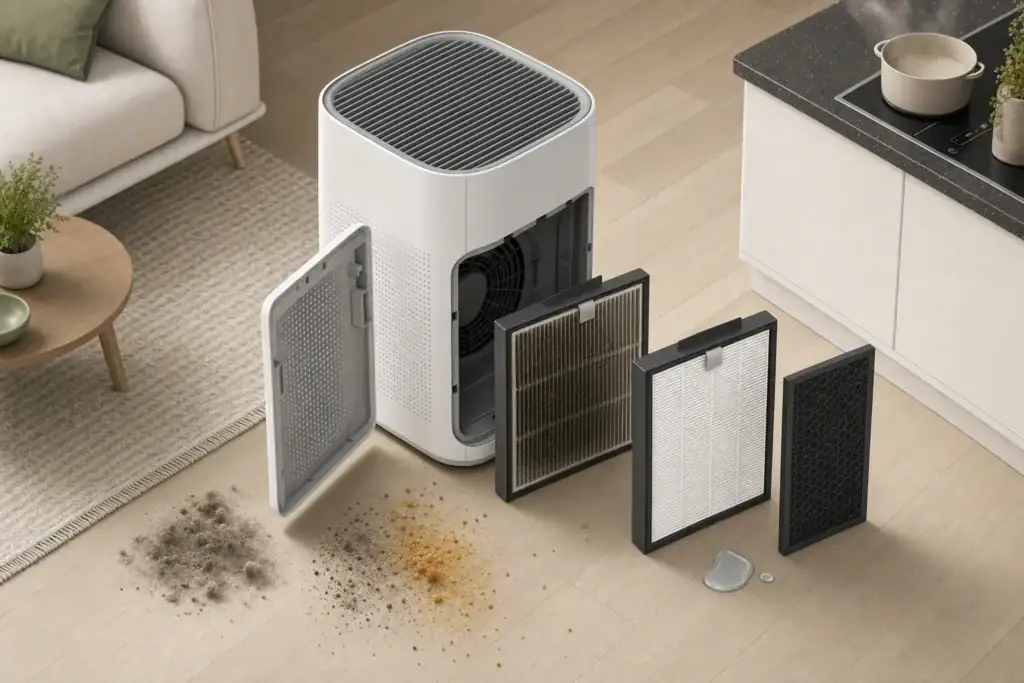 Darkened HEPA filter beside a clean replacement and source clues