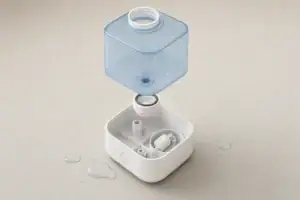 Portable humidifier with tank removed for seal and float inspection